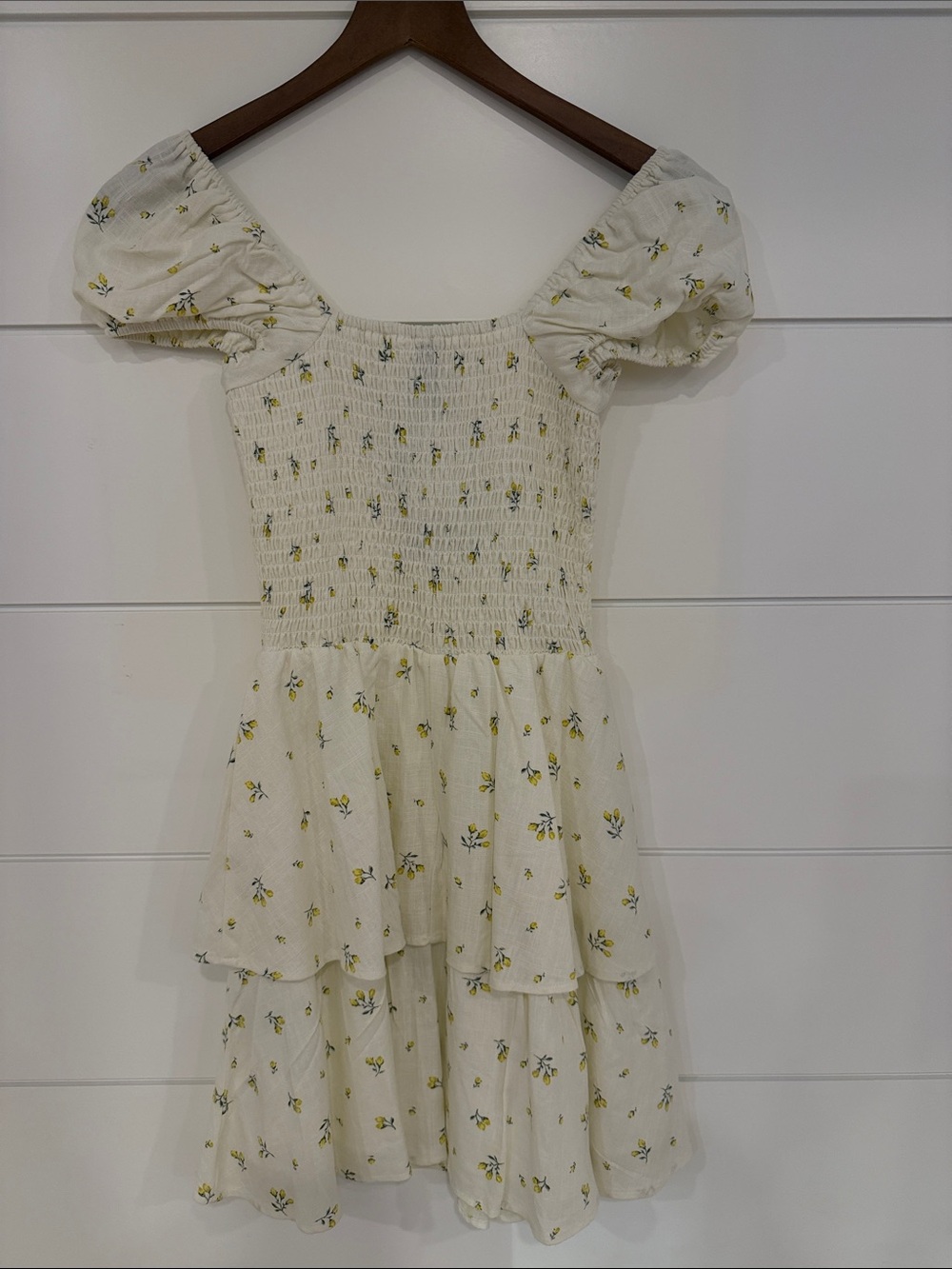 White Floral Smocked Puff-Sleeve Dress